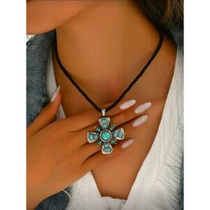 Turquoise Cross Pendant Necklace Boho Western Cord Choker Women